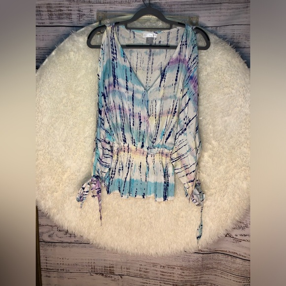 VENUS Blue and Purple Ruched Tie Blouse NWOT size 2 - Picture 3 of 13